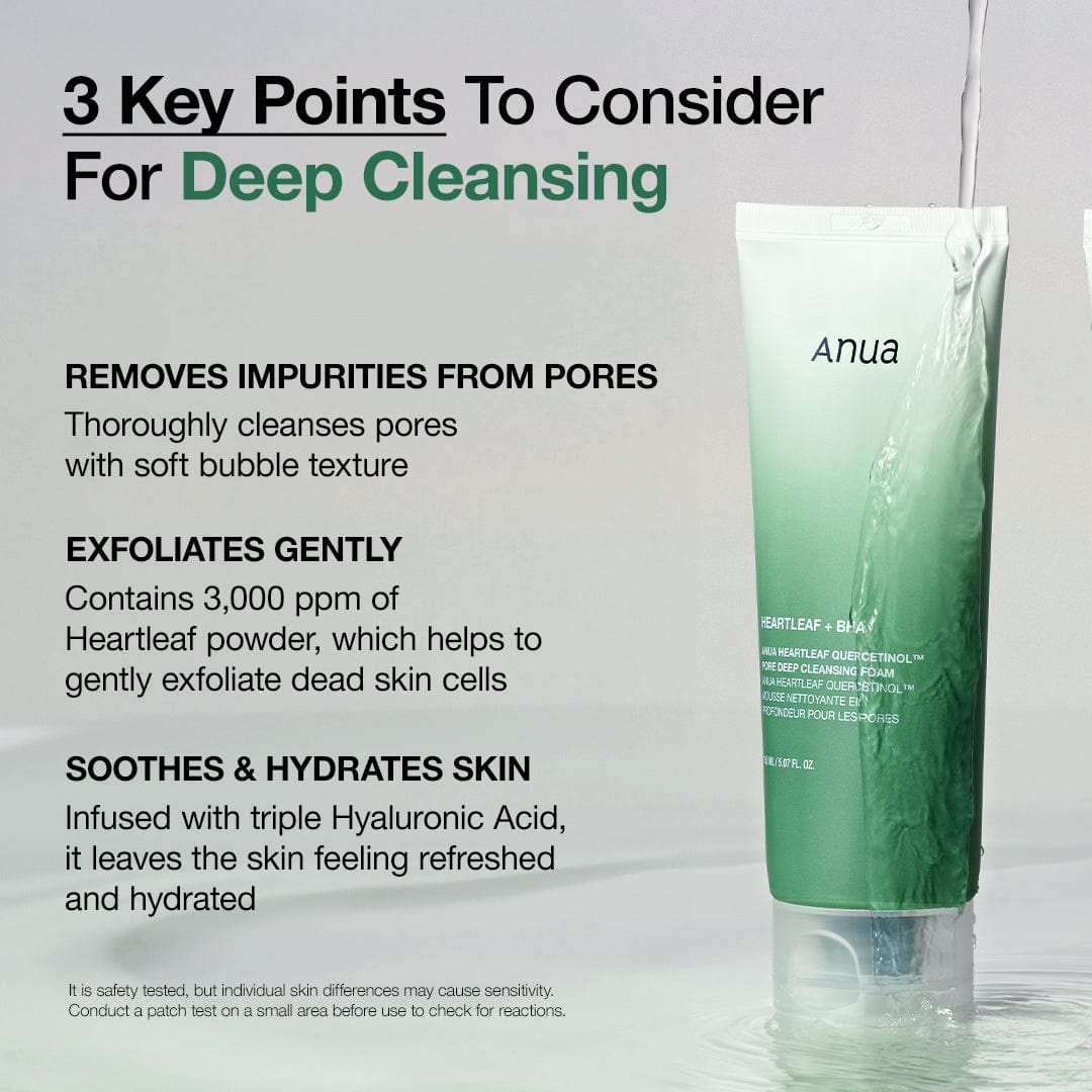 Anua Heartleaf Quercetinol Pore Deep Cleansing Foam in a 150ml bottle, designed for face care and deep pore cleansing.