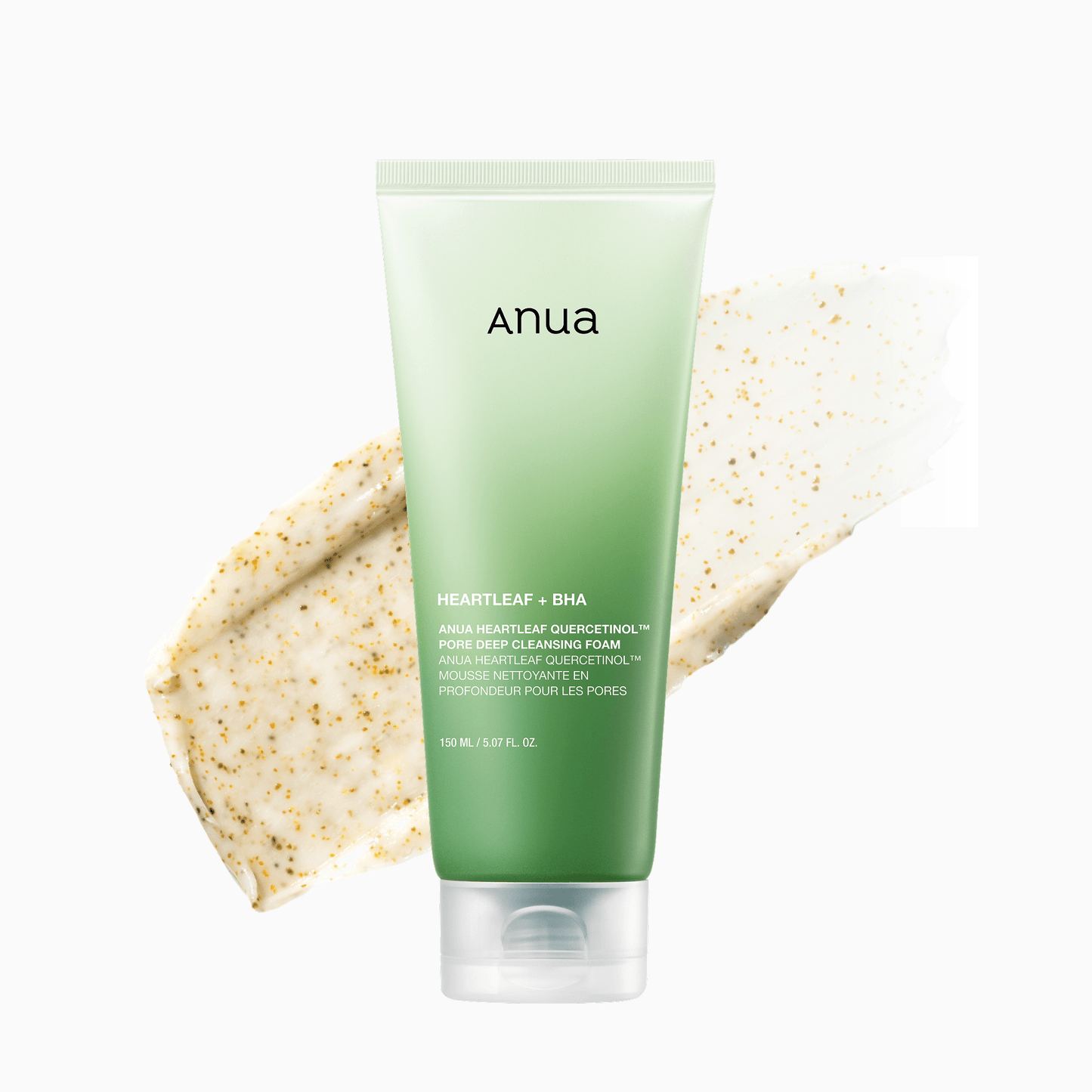 Anua Heartleaf Quercetinol Pore Deep Cleansing Foam in a 150ml bottle, with a gentle face cleanser and natural heartleaf extract.