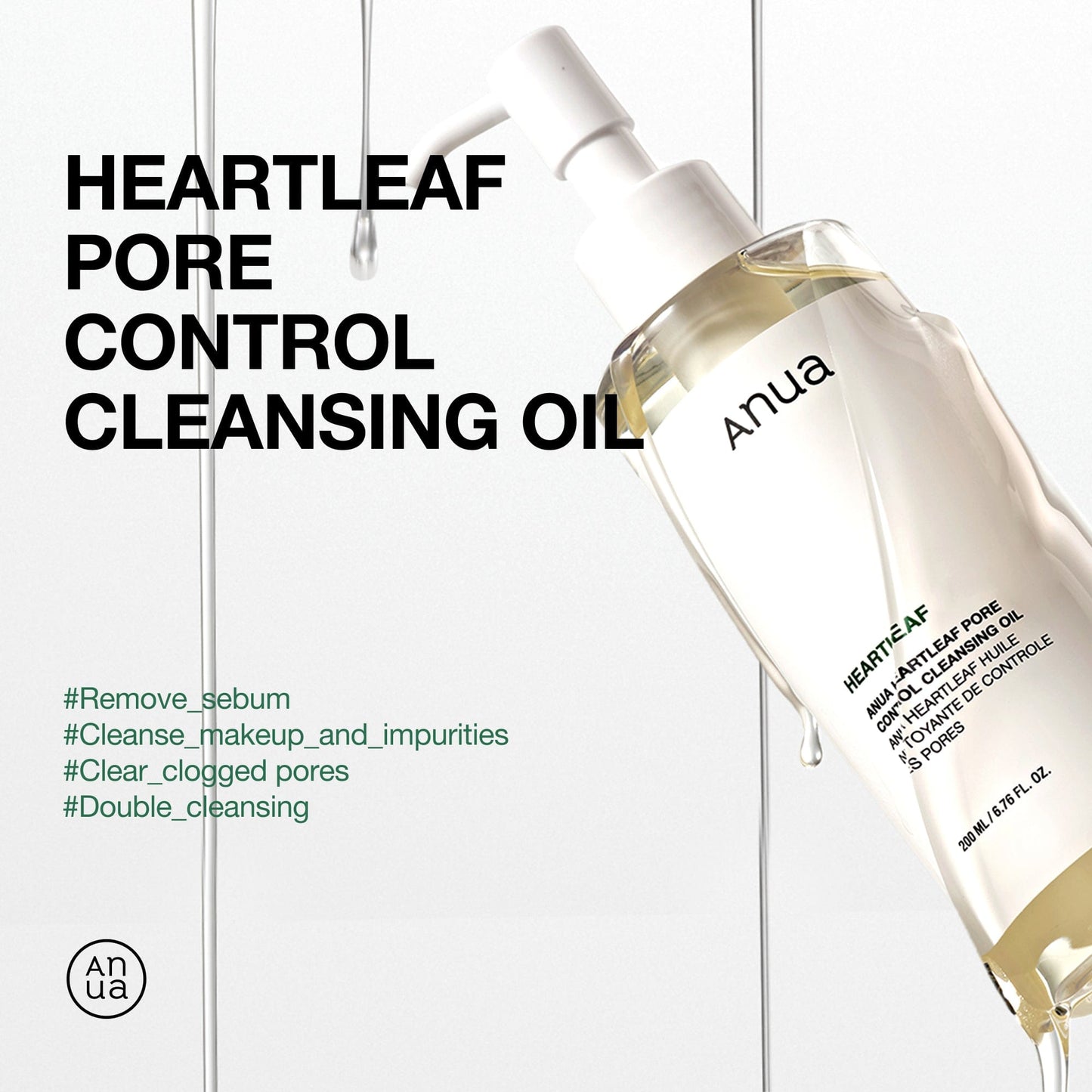 Anua US Heartleaf Pore Control Cleansing Oil in a 200ml bottle, gentle cleanser for pore care and clear skin.