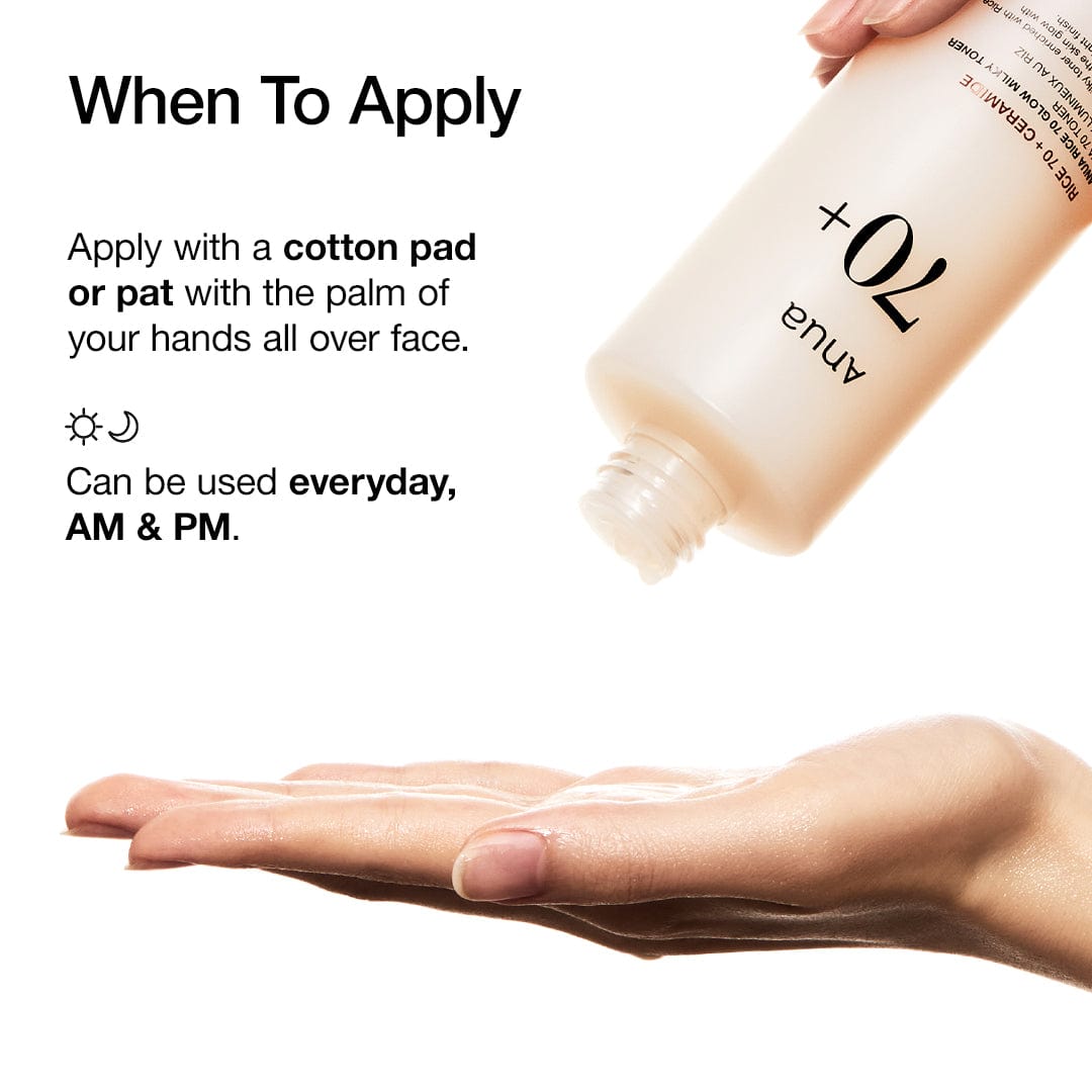 Anua Rice 70 Glow Milky Toner bottle, 250ml, displaying the toner with a clean, minimalist label and white cap.