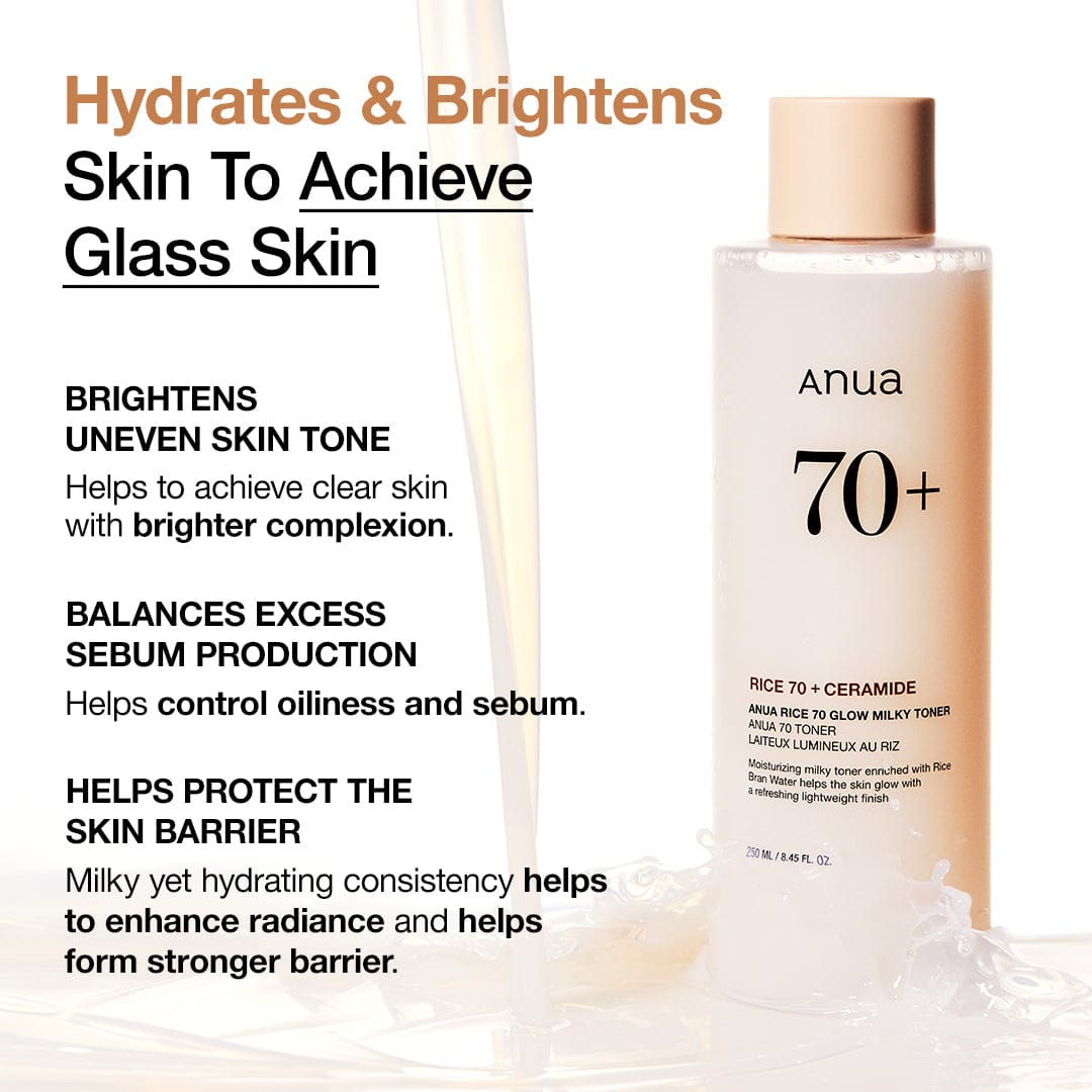 Anua Rice 70 Glow Milky Toner bottle, 250ml, with a soft, milky appearance and minimalist label design.