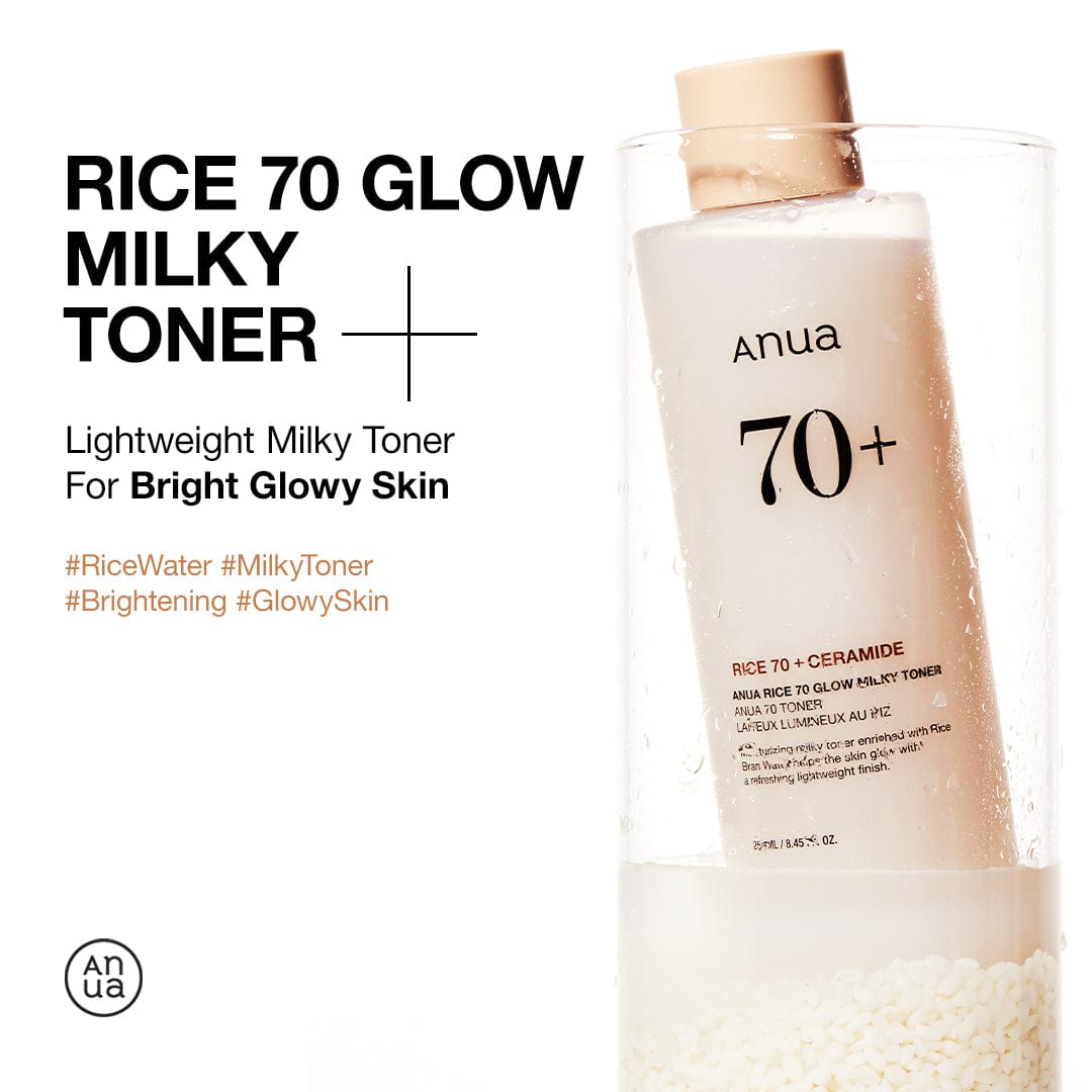 Anua Rice 70 Glow Milky Toner in a 250ml bottle, featuring a milky formula and brightening skincare for radiant skin.