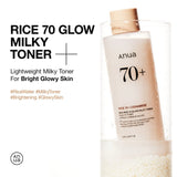 Anua Rice 70 Glow Milky Toner in a 250ml bottle, featuring a milky formula and brightening skincare for radiant skin.