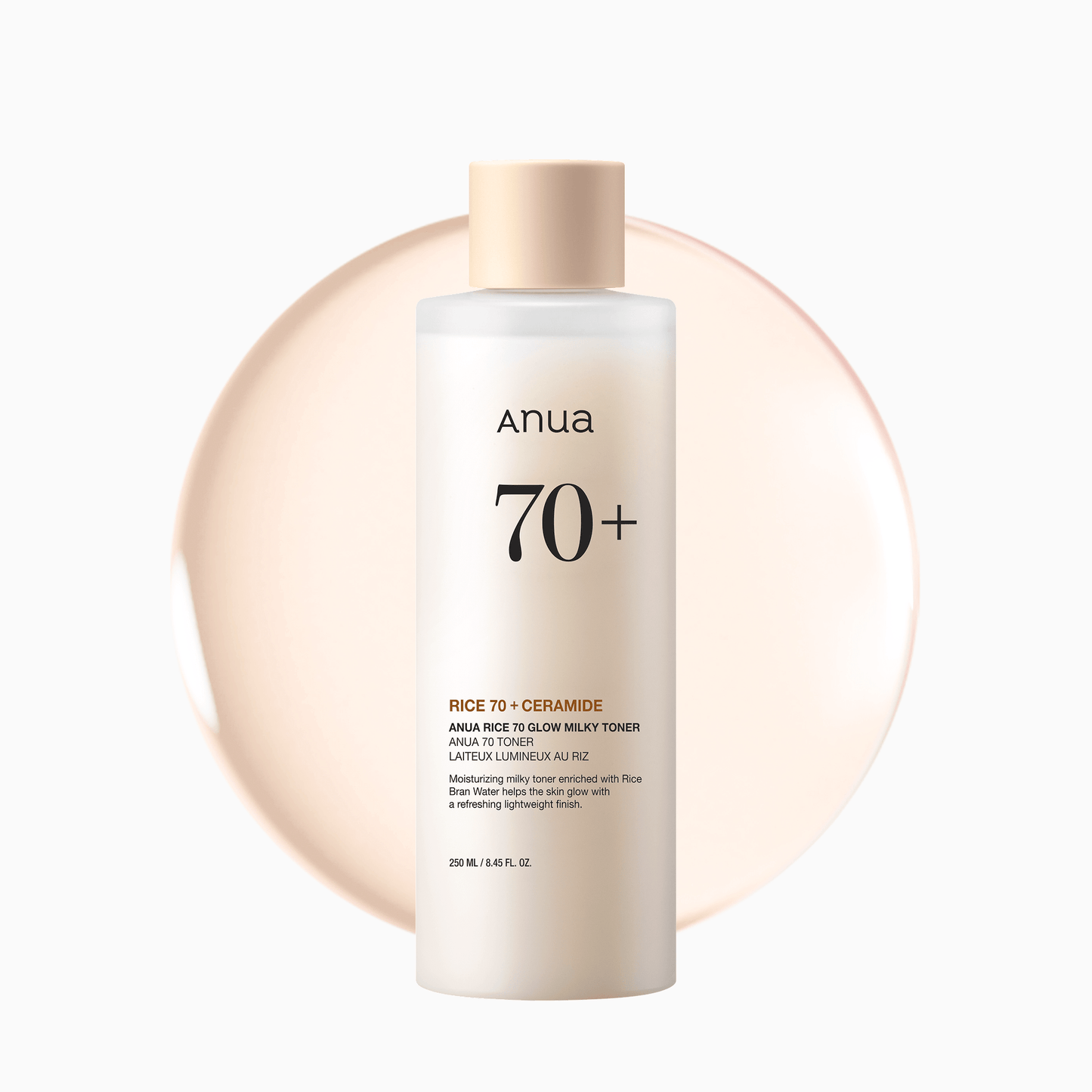 Anua Rice 70 Glow Milky Toner in a 250ml bottle, featuring a gentle, milky toner with rice extract for brightening and hydration.