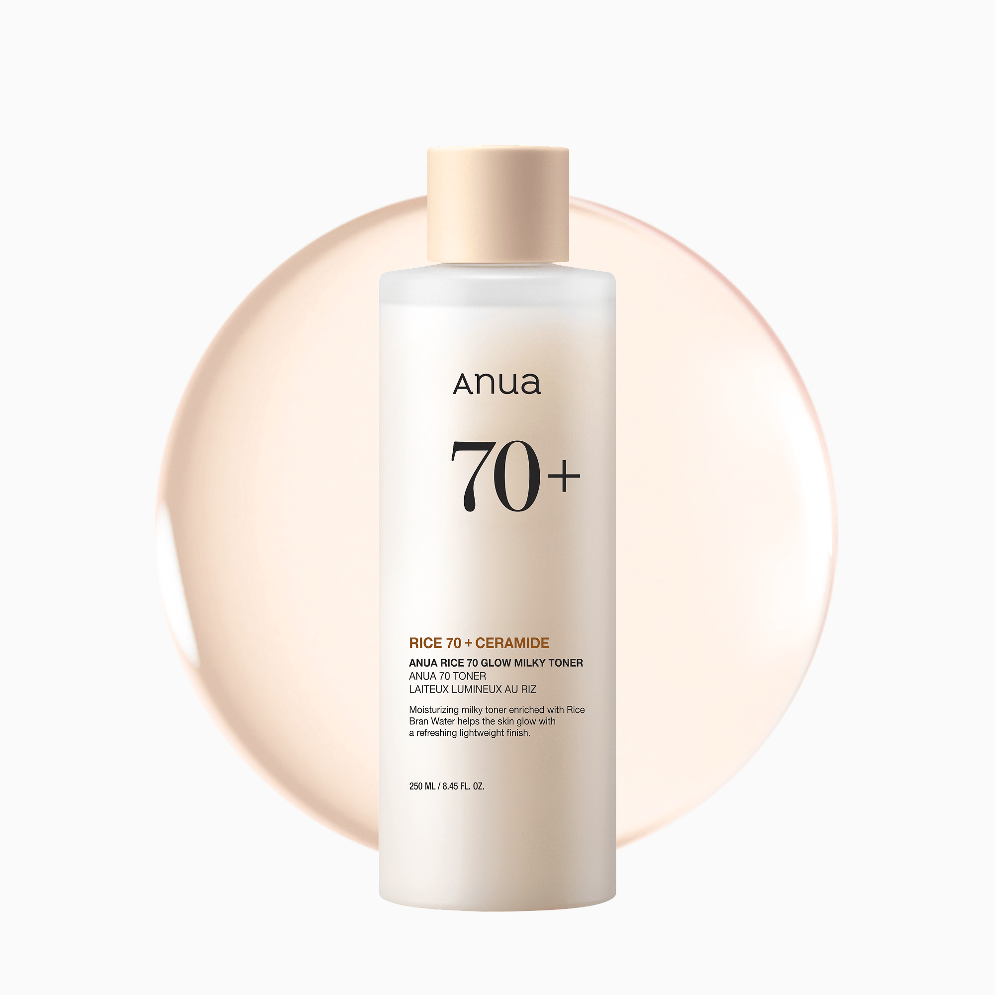 Anua Rice 70 Glow Milky Toner in a 250ml bottle, featuring a gentle, milky toner with rice extract for brightening and hydration.