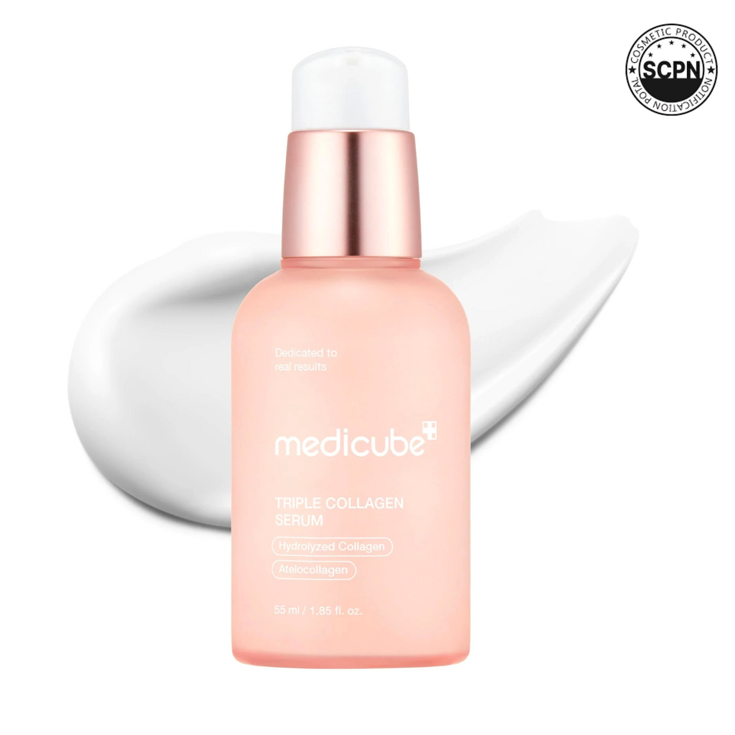 Medicube Triple Collagen Serum from the GLASS GLOW LINE, featuring a sleek glass bottle and applicator for firming skincare.