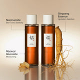 Bottle of Beauty of Joseon Ginseng Essence Water for face care, featuring clear liquid and traditional ginseng root illustration.