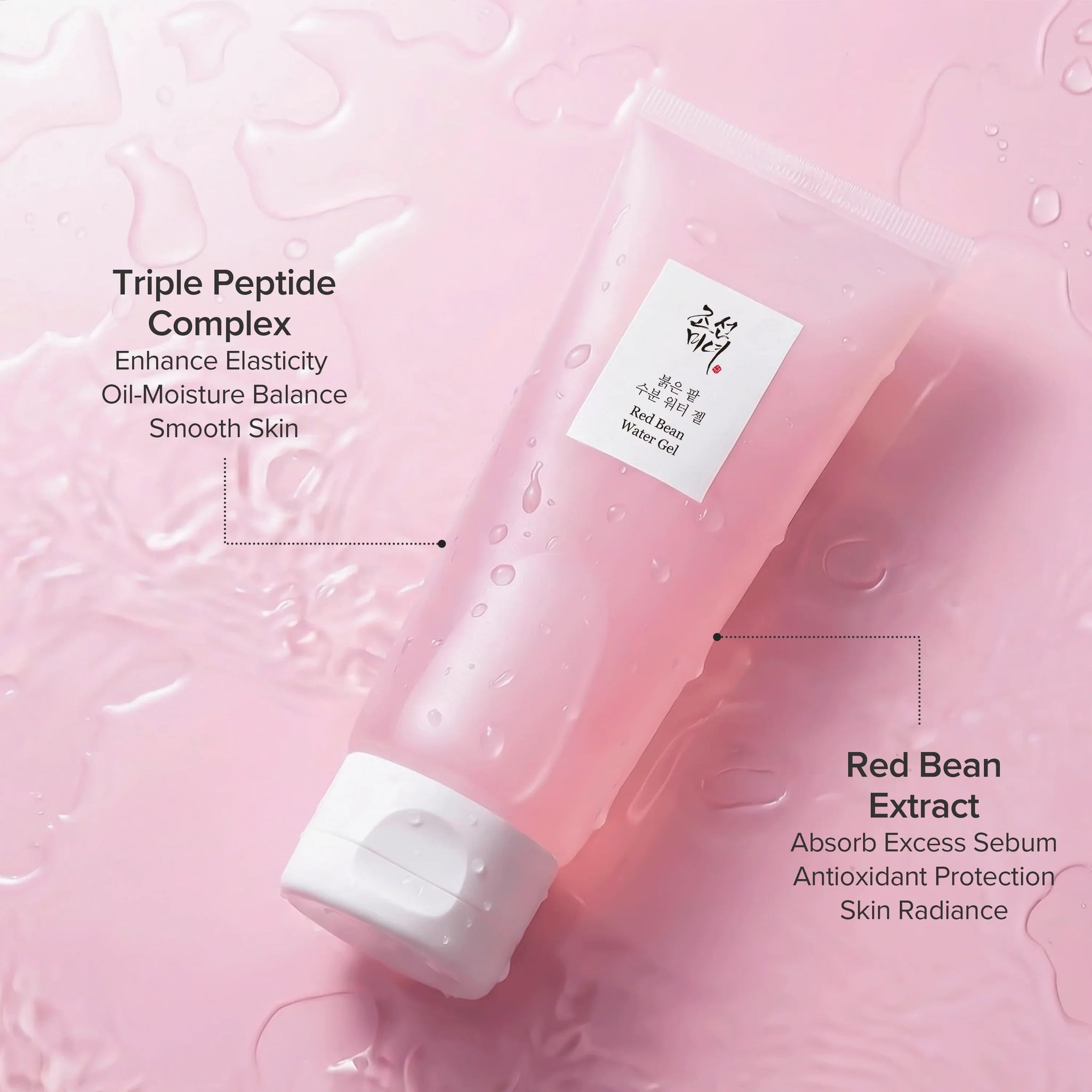 Beauty of Joseon Red Bean Water Gel for face care, showing the hydrating gel in a clear jar with a red hue and fresh, natural ingredients.