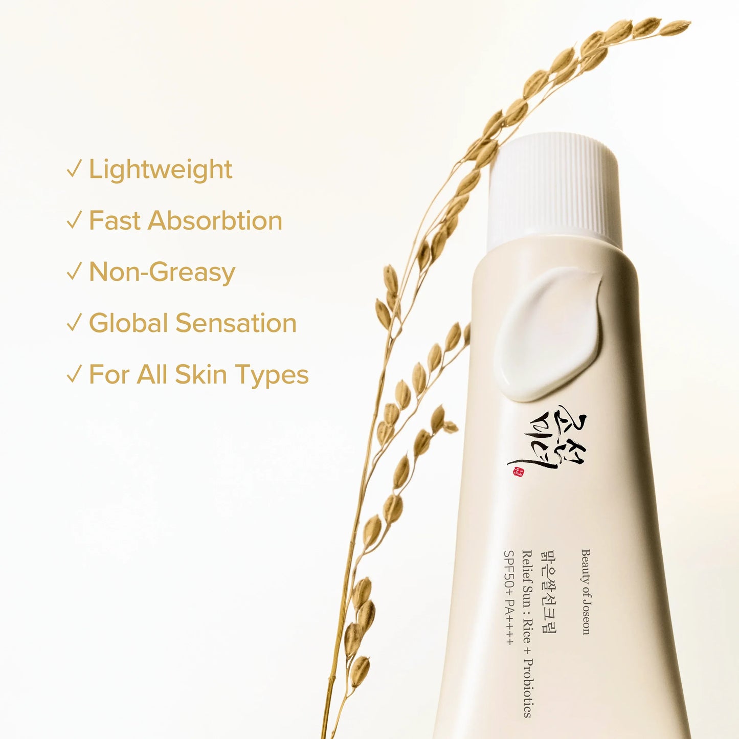 Beauty of Joseon Relief Sun Rice + Probiotics sunscreen bottle with SPF50+ PA+++ and natural rice extract ingredients.