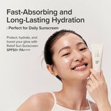 Beauty of Joseon Relief Sun Rice + Probiotics SPF50+ PA+++ sunscreen in a tube, with a smooth, lightweight texture and protective formula.