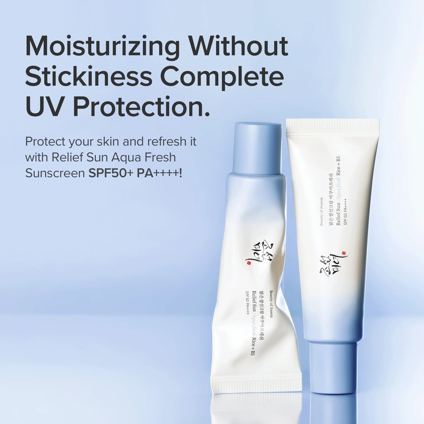 Beauty of Joseon Relief Sun Aqua-Fresh SPF50+ PA+++ sunscreen in a white tube with blue accents, showing the product label.