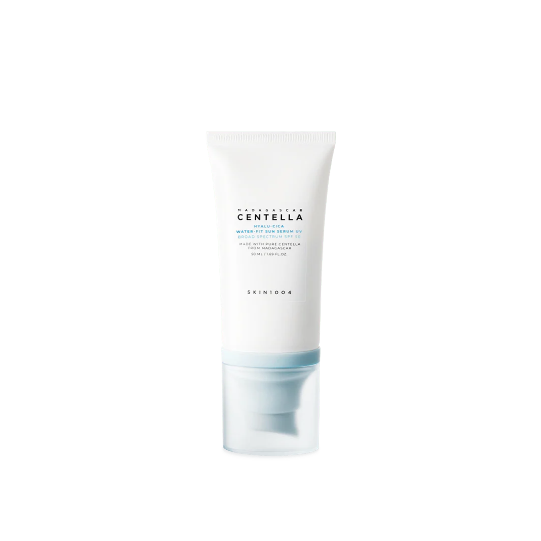 SKINZA SKIN1004 Madagascar Centella Hyalu-Cica Water-Fit Sun Serum in 50ml bottle, featuring lightweight, hydrating UV protection.